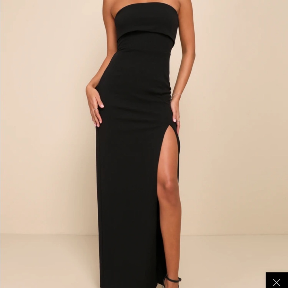 Lulu's Black Strapless Slit Gown